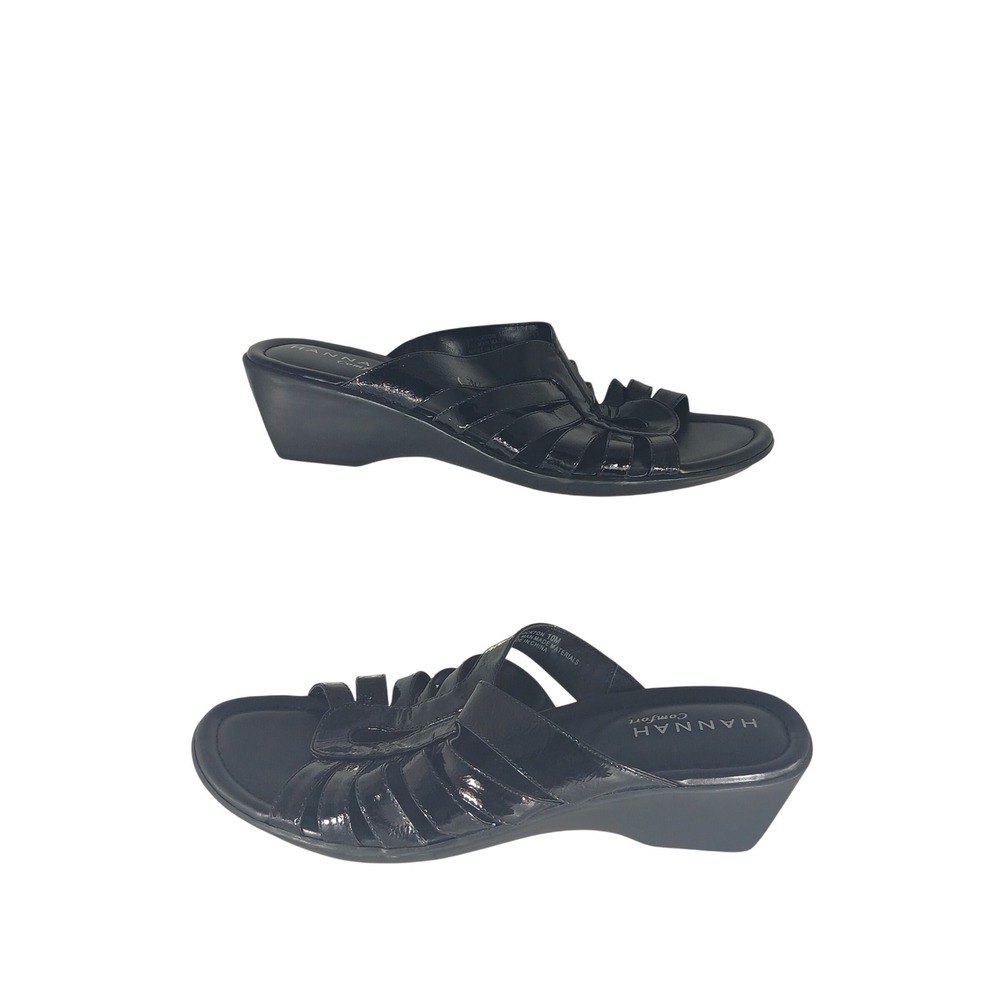 Hannah Comfort Brockton Wedge Slide 10M Black Patent Strappy Caged Mule Sandals